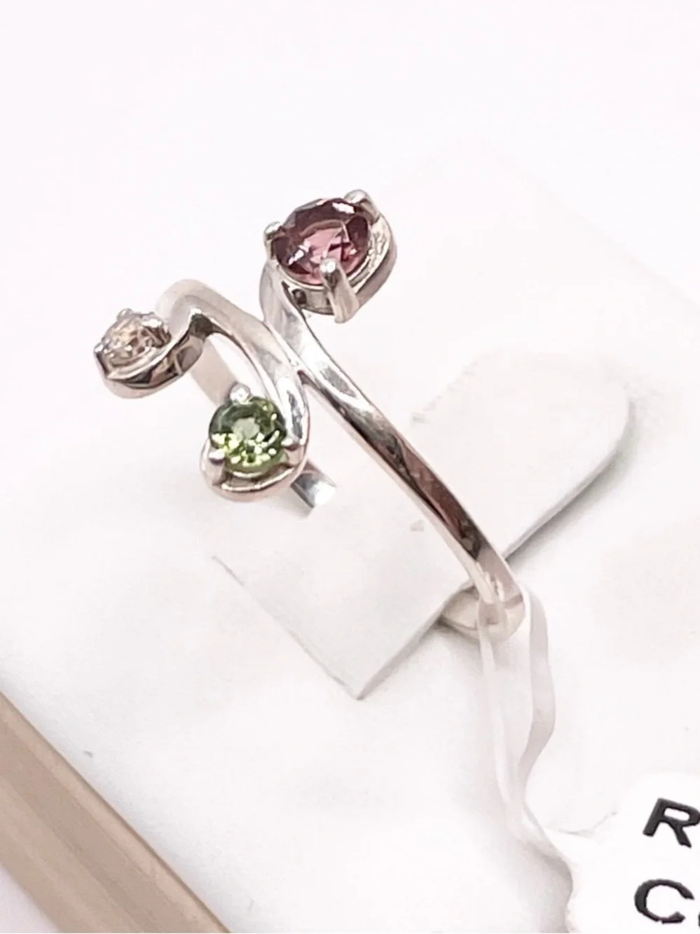 Size 7 Sterling Silver Ring with Pink, Green and White Tourmaline gemstones